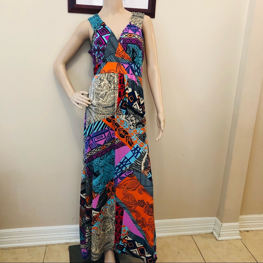 NY Collection Paisley Patchwork Maxi Dress Boho Empire Waist
